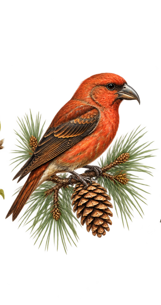 Botanical illustration of a crossbill perched among pine branches and cones
