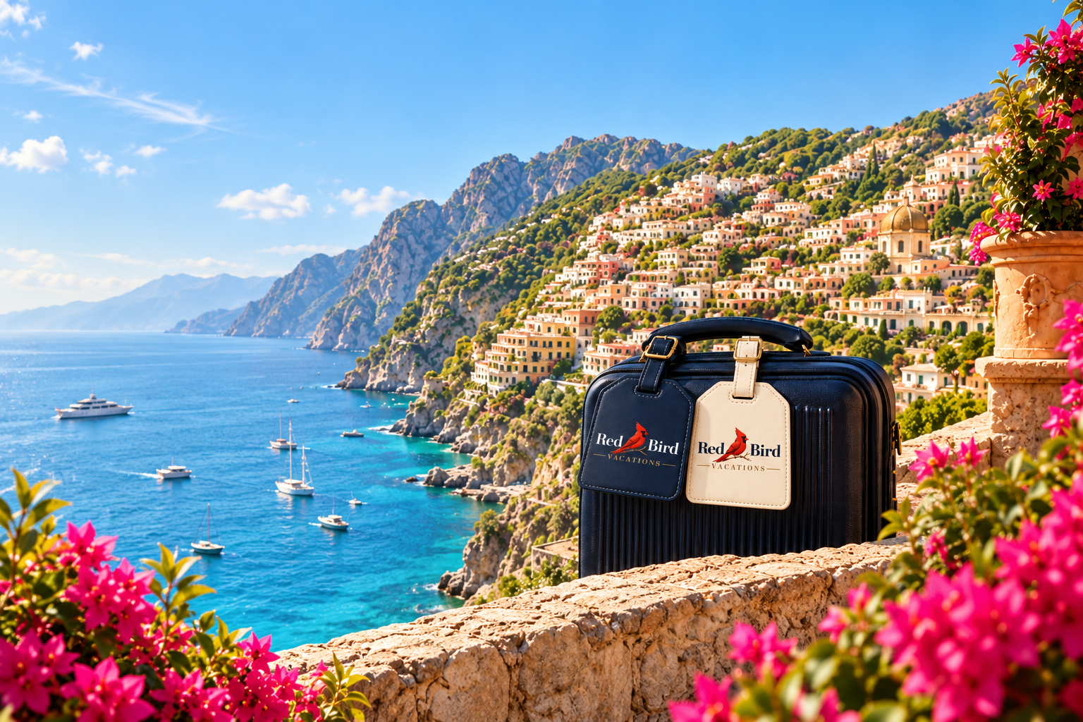 A suitcase with two Red Bird Vacations luggage tags overlooking the coast